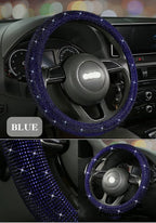 Bling Steering Wheel Cover Blue for Men Car, 15 Inch Universal with Blue Crystal Rhinestone Diamond Cool Bling Accessories Anti-Slip Wheel Protector Black