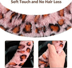 Fuzzy Steering Wheel Cover, Universal Fit Fur Car Wheel Cover & Handbrake Cover & Gear Shift Cover Set for Women Girls, Leopard Winter Warm Fluffy Vehicle Wheel Protector for Auto, SUV (Pink)
