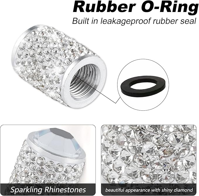 Car Wheel Tire Valve Caps, 4 PCS Bling Tire Valve Caps, Crystal Tire Caps Shinny Rhinestone for Women, Universal Car Dustproof Tire Valve Caps for Cars, Trucks, SUV and Motorcycles (White)