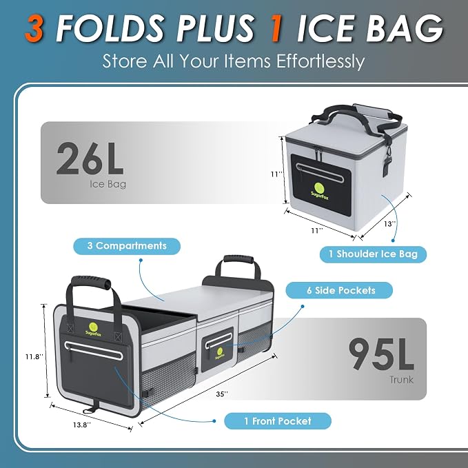 95L Car Trunk Organizer & Storage With 26L Ice Pack, Waterproof Foldable | Trunk Organizers for SUVs & Cars, Car Storage Organizer, Great Gift for Drivers (Gray-M004)