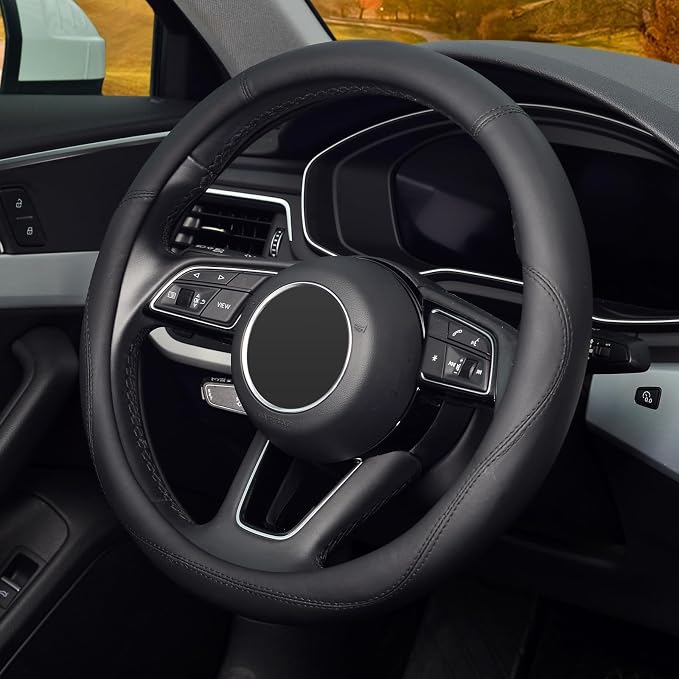 Black Steering Wheel Cover, Universal 15 inch, Microfiber Leather Black, Soft and Odorless, Durable Leather Cover with Anti-Slip Lining