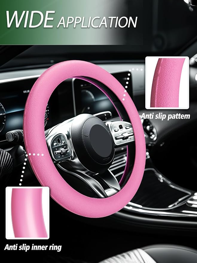 Car Steering Wheel Cover, Non-Slip Silicone Material, Multiple Color Choices, Universal Auto Parts Steering Wheel Cover, Suitable for Most Cars (Pink)