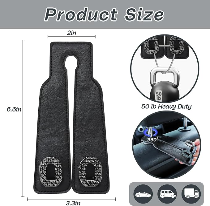 Car Headrest Hooks Universal Car Purse Hook Premium Leather and Alloy Twin Hook Car Seat Back Storage Hanger Hook for Purse Bags Cloth Drink Durable Holder Car Accessories (BH09-Black-Black-4 Pcs)