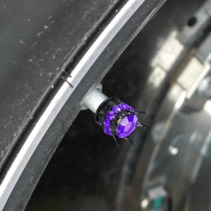 4 Pieces Crown Tire Valve Stem Caps Bling Handmade Crystal Rhinestone Universal Chrome Crown Vehicle Car Tire Caps Covers, Attractive Accessories for Car (Purple and Black)