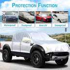 Half Car Cover Windshield Cover Car Body Cover for All Season Sunshade Cover Snow Cover Waterproof 210D Polyester with Cotton (Fit Small and Medium Size Pickup (Crew Cab))