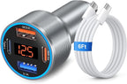 65W Car Charger USB C Fast Charger for iPhone 17/16e/15 Pro Max, 4-Port Dual USB-C&USB-A Fast Charging Cigarette Lighter Adapter with Voltage Meter QC+PD 3.0 Car Phone Charger for Galaxy S25 S24 A16