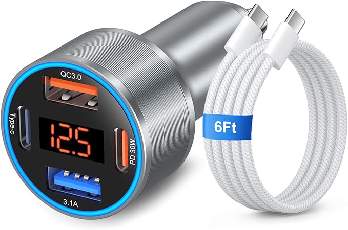 65W Car Charger USB C Fast Charger for iPhone 17/16e/15 Pro Max, 4-Port Dual USB-C&USB-A Fast Charging Cigarette Lighter Adapter with Voltage Meter QC+PD 3.0 Car Phone Charger for Galaxy S25 S24 A16