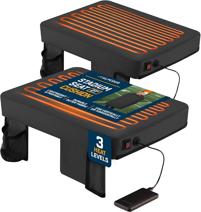 Portable Extra Thick Heated Stadium Seat Cushion – Bleacher Cushion with Side Pocket, Cup Holder, Waterproof, Anti-Slip, and Straps – Perfect for Football Seats and Bench Seats for Bleachers