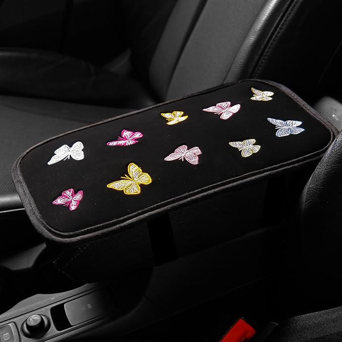 Embroidery Cute Steering Wheel Cover Butterfly Decor+Center Console Cover+Belt Cover,Anti-Slip,Sweat Absorption,3pcs