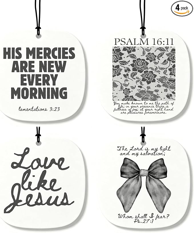 Black Christian Car Air Freshener 8 Pcs, Black Bow Floral Religious Hanging Air Freshener Rounded Square for Girls Dorm Bedroom Apartment, Cute Christian Car Accessories Mirror Decor for Women
