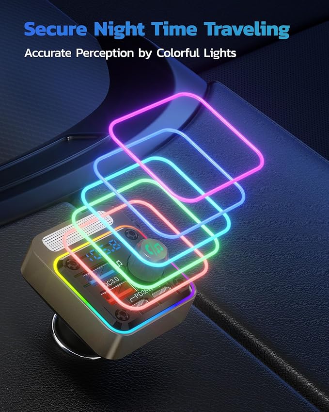 54W Bluetooth 5.3 Car Adapter with 4 Charging Ports [PD 36W & QC3.0 18W], Wireless Radio FM Transmitter with Deep Bass Player & 5 Colors LED Backlit, Hands-Free Calling - Gold