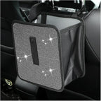 Car Trash Can, Bling Rhinestone Crystal Waterproof Hanging Garbage Bag for Car Interior, Oxford Leakproof Foldable Waste Organizer Trash Bin Universal for Most Vehicles (White)