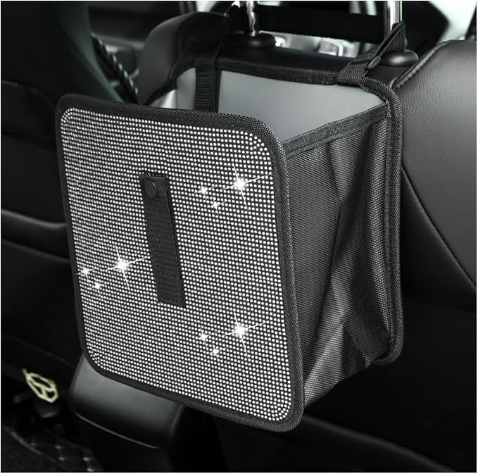 Car Trash Can, Bling Rhinestone Crystal Waterproof Hanging Garbage Bag for Car Interior, Oxford Leakproof Foldable Waste Organizer Trash Bin Universal for Most Vehicles (White)