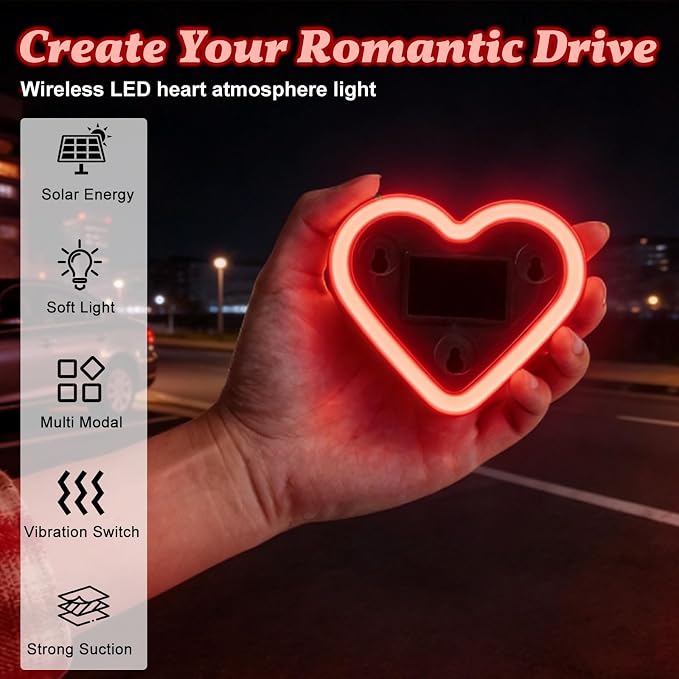 Upgrade Car Light LED Ambient Lights Heart Solar Lights Solar-Powered Heart-Shaped Neon Lights for Car Window Decorative 5 Modes Interior Outdoor Decor (Red)