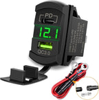 Rocker Switch Style USB Outlet LED Voltmeter Quick Connector 12V PD Type C and USB QC 3.0 Cars Replacement with Inline Fuse for Switches Panel on Boats RV Truck Car