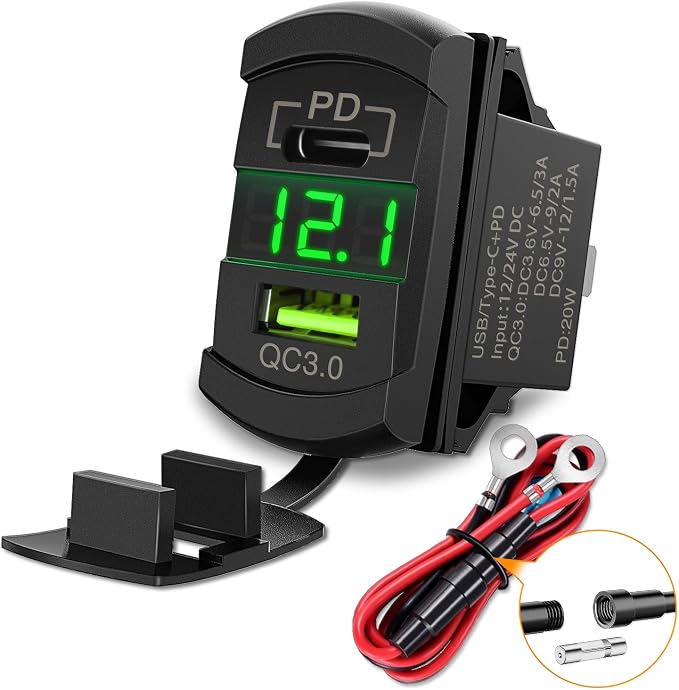 Rocker Switch Style USB Outlet LED Voltmeter Quick Connector 12V PD Type C and USB QC 3.0 Cars Replacement with Inline Fuse for Switches Panel on Boats RV Truck Car