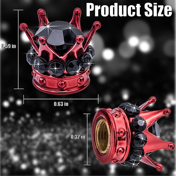 4PCS Crown Bling Tire Stem Valve Caps, Crystal Diamond Car Wheel Tire Valve Caps Universal Copper Core Stem Covers for Cars, SUV, Trucks, Bikes, Motorcycles, Bicycles (Red & Black)