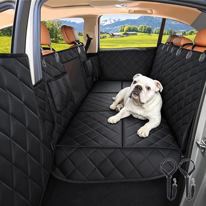 Truck Hard Bottom Car Seat Cover for Dogs | Mesh Window & 2 Safety Belts | 100% Waterproof Sturdy Back Seat Extender with Door Protectors |Non-Slip,Scratchproof Pet Car Rear Seat Protector Fit Pickup