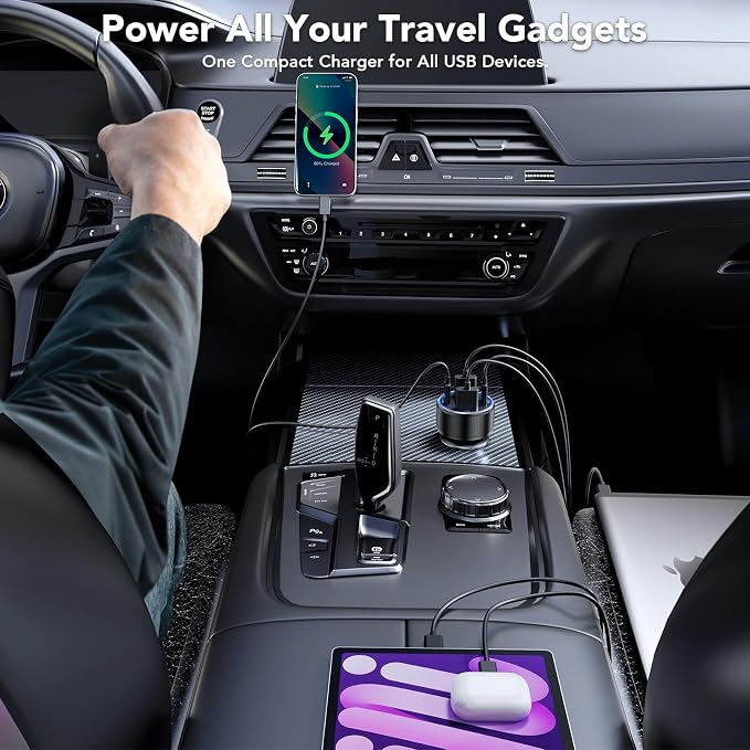 4-Port USB C Car Charger 78W PD Fast Charging 3-Pack | Metal & Safe: Voltage display tracks battery. Smart chip protects devices. Universal fit for all phones, cars & family trips.