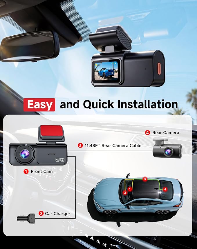 Dash Cam Front and Rear: 4K+2.5K Dashcam with 5G WiFi APP Control & 64GB Card - Dual Dash Camera for Cars with 24H Parking Mode Night Vision Loop Recording Emergency Lock (V3)