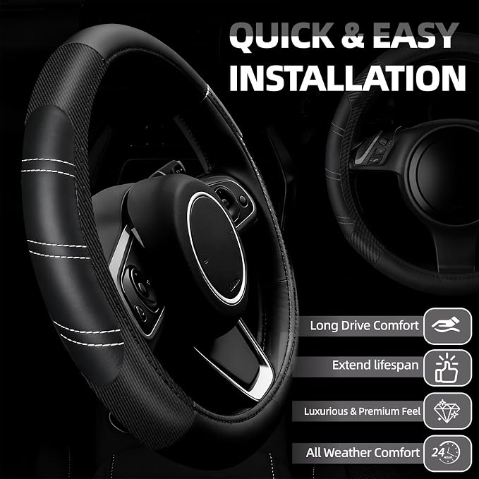 6 Pcs Black Car Accessories Set, Sport Leather Steering Wheel Cover 14.5-15inch Universal, Car Center Console Cover, Seat Belt Cushion, Cup Holder Coaster (Black Carbon Fiber)
