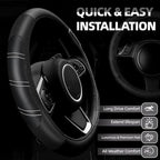 6 Pcs Black Car Accessories Set, Sport Leather Steering Wheel Cover 14.5-15inch Universal, Car Center Console Cover, Seat Belt Cushion, Cup Holder Coaster (Black Carbon Fiber)
