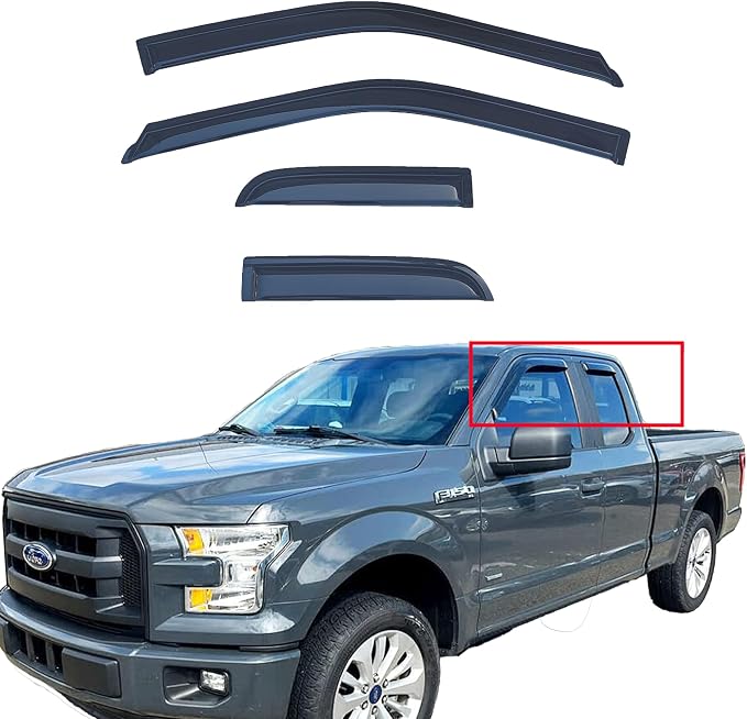 Tape On Window Visors Compatible with 2015-2025 Ford F-150 Extended Cab (SuperCab),2017-2025 F-250/350 SuperDuty Super Cab,Side Vent Window Deflector Rain Guard Shade,Truck Accessories-4pcs