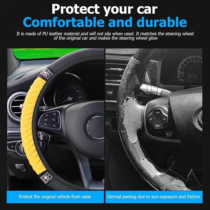 Bling Car Steering Wheel Cover, 15 Inch Rhinestones Soft Leather Elastic Steering Wheel Protector, Sparkly Crystal Diamond for Women Girls (Yellow)