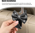 2PCS Bling Bow Car Seat Headrest Hooks, Crystal Rhinestone Vehicle Rear Seat Hanging Storage Hooks for Purses Bags Coats, Auto Headrest Storage Organizer, Universal Fit (Black)