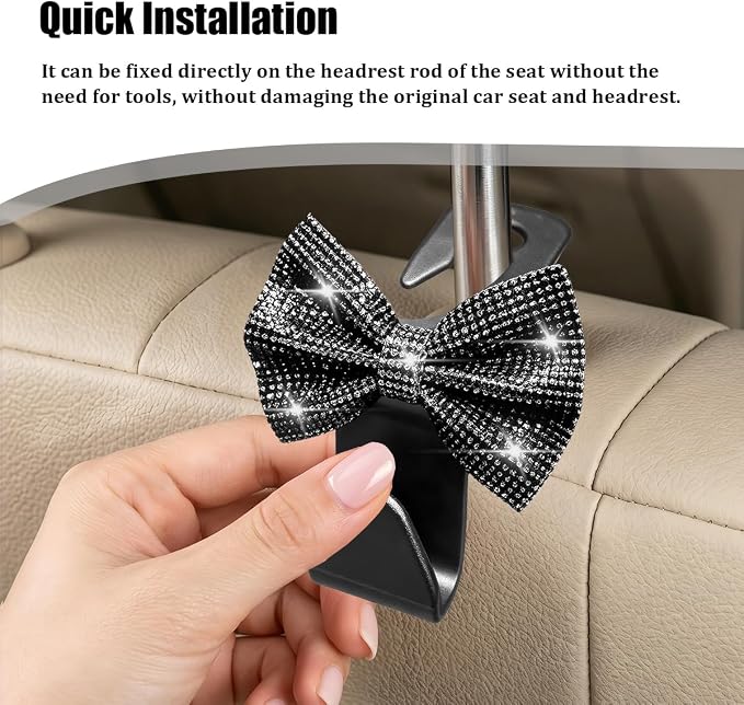 2PCS Bling Bow Car Seat Headrest Hooks, Crystal Rhinestone Vehicle Rear Seat Hanging Storage Hooks for Purses Bags Coats, Auto Headrest Storage Organizer, Universal Fit (Black)