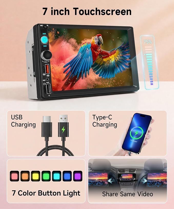 7 Inch Double Din Car Stereo, Wireless CarPlay Android Auto, 2 Din Touch Screen Radio, Bluetooth Stereo, AHD Backup Camera, Mirror Link, FM EQ SWC, Type-C USB Fast Charging, Online Video Playback