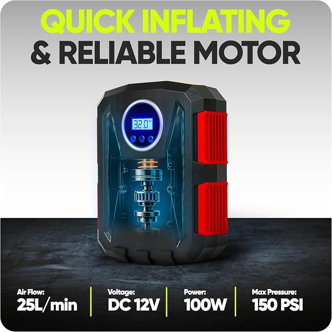 Tire Inflator Portable Air Compressor, Air Pump for Car Tires and Bikes, Car Tire Pump w/Auto Shut Off, 150 PSI, 12V DC, LED Light, Carrying Case, for Men, Women