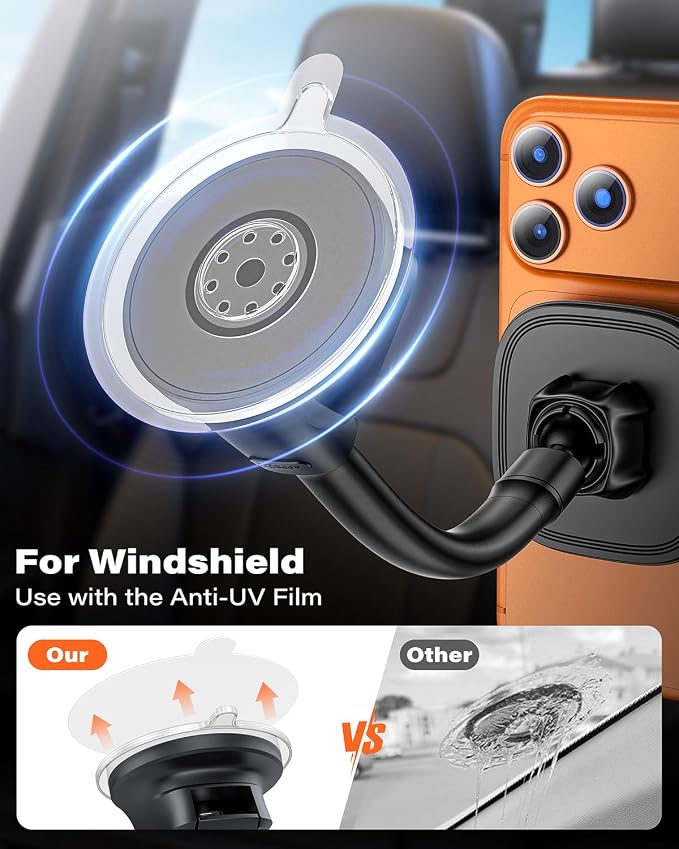 Phone Holder for Car, Dashboard Windshield Phone Holder Mount with Flexible Arm & Built-in Strong Magnets, Suction Cup Phone Holder for Car Compatible with MagSafe