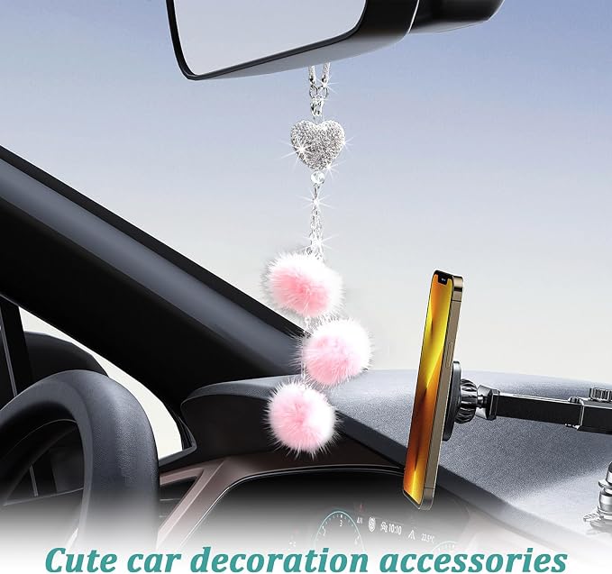 Bling Diamond Heart Car Interior Accessories, Heart & Pink Plush Ball Decor Ornament Pendant, Hanging Decoration Charm (Pink)