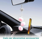 Bling Diamond Heart Car Interior Accessories, Heart & Pink Plush Ball Decor Ornament Pendant, Hanging Decoration Charm (Pink)