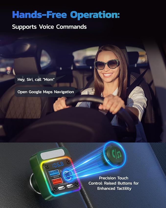 54W Bluetooth 5.3 Car Adapter with 4 Charging Ports [PD 36W & QC3.0 18W], Wireless Radio FM Transmitter with Deep Bass Player & 5 Colors LED Backlit, Hands-Free Calling - Green