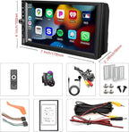 Wireless Double Din Car Stereo Works with Apple Carplay,7 Inch HD 1024 * 600 Touchscreen with Bluetooth 5.1,FM Car Radio,GPS Navigation,Backup Camera,Android Auto,Voice Control,USB/AUX/TF/SWC