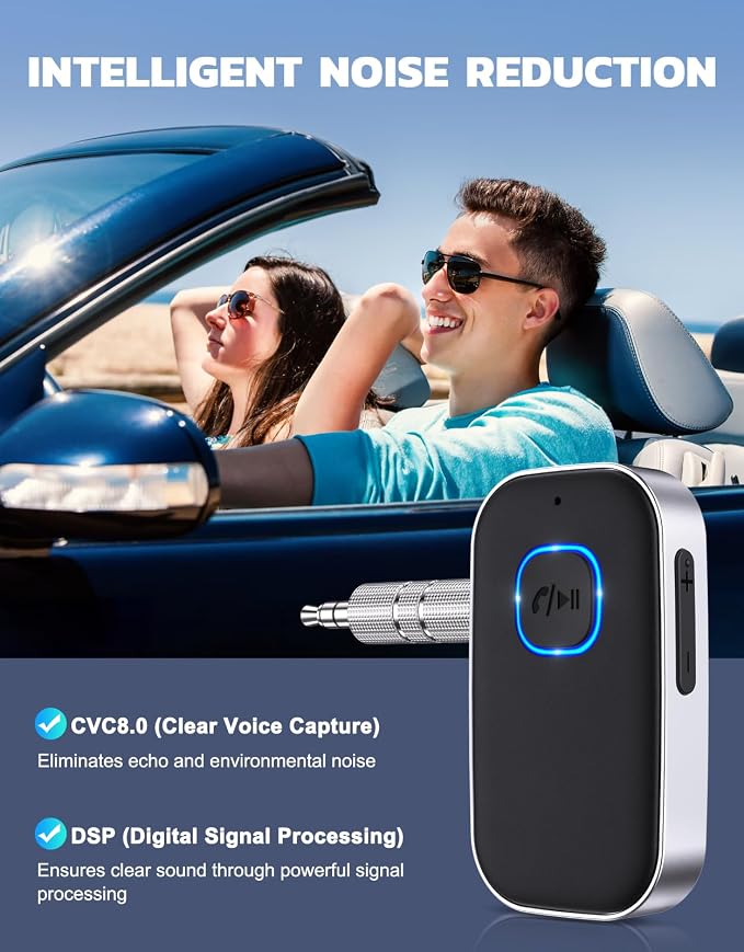 Bluetooth Receiver for Car, Noise Cancelling 3.5mm AUX Bluetooth Car Adapter, Wireless Audio Receiver for Home Stereo/Wired Headphones, Hands-Free Call, 16H Battery Life - Black+Silver