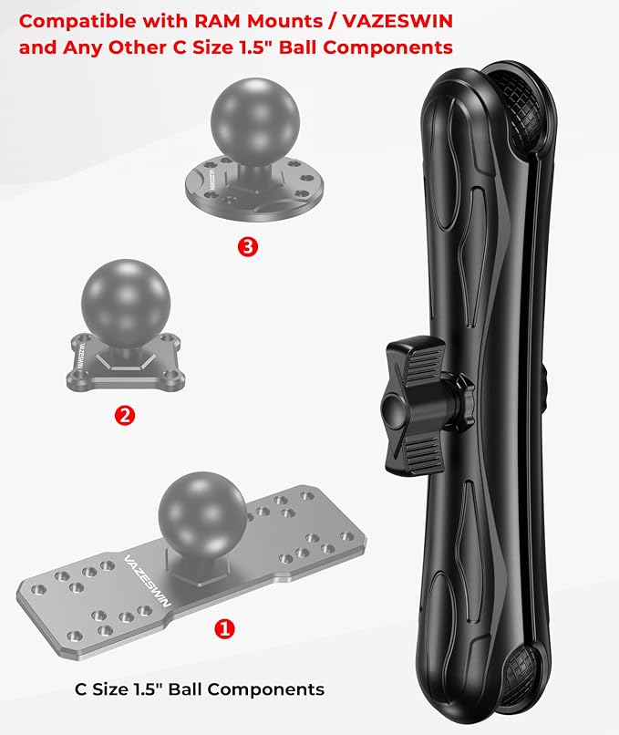 1.5" Ball Aluminum Alloy Double Socket Arm, 9.1" Length Long Arm | Compatible with RAM Mounts C Size 1.5" Ball Components, 360° Rotation, for Fish Finder Mount, Marine Electronic Mount