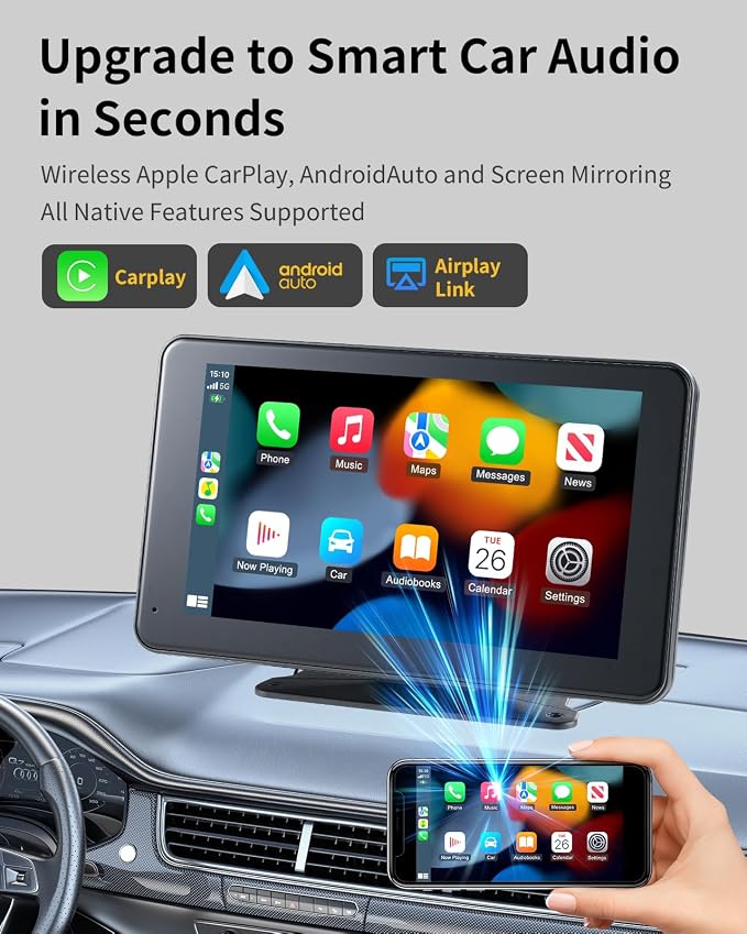 Wireless CarPlay & Android Auto Screen for Car - 7" Portable Car Stereo with 1080P Backup Camera, GPS Navigation, Voice Control, Bluetooth, FM, AUX - Universal Plug & Play Head Unit for Older Vehicles
