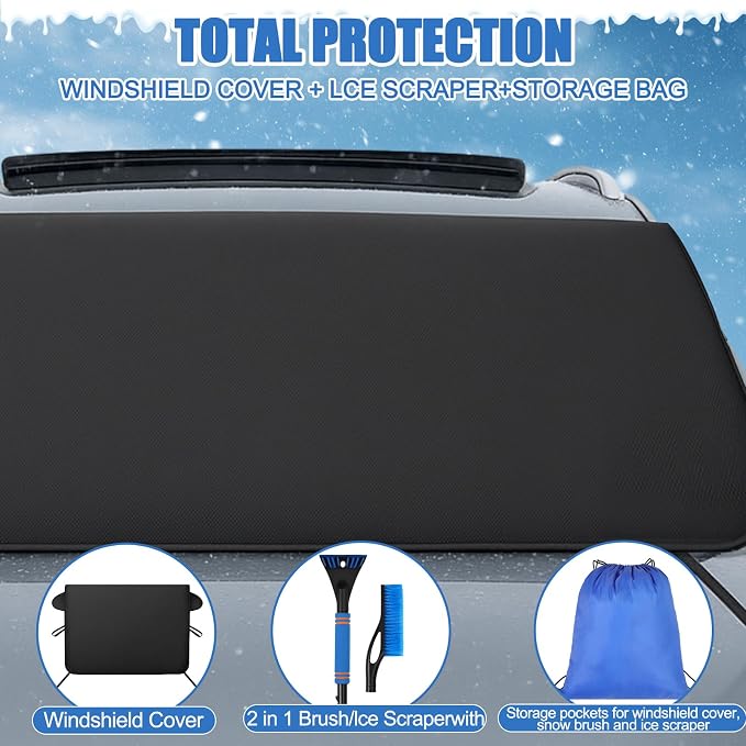 Canchiing Windshield Cover for Ice and Snow Kit Winter Car Essentials 600d Oxford Snow Cover with Ice Scraper Brush Storage Bag Winter Car Accessories Frost Hail Protector for Sedan Truck SUV and Mpv