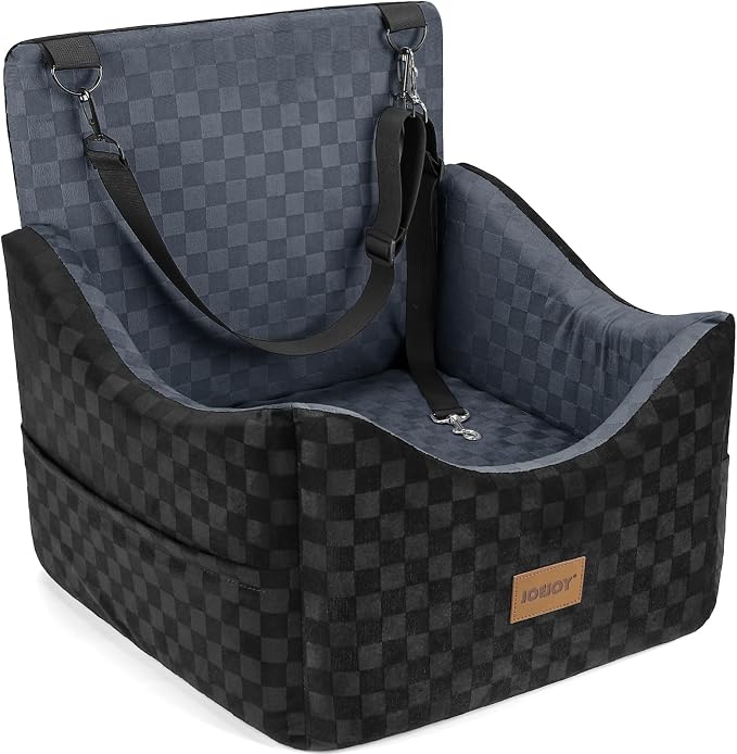 Elevated Dog Car Seat for Small/Medium Dogs up to 35 lbs, Memory Foam Booster Seat with Detachable Washable Cover, Travel-Safe Car Bed with Safety Belts & Storage Pockets, Dark Grey