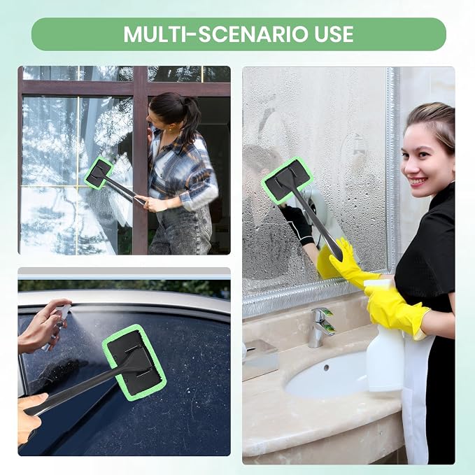 Windshield Cleaner Tool Car Window Cleaner with 6 Reusable and Washable Microfiber Pads and Extendable Handle Auto Inside Glass Wiper Kit (Green)
