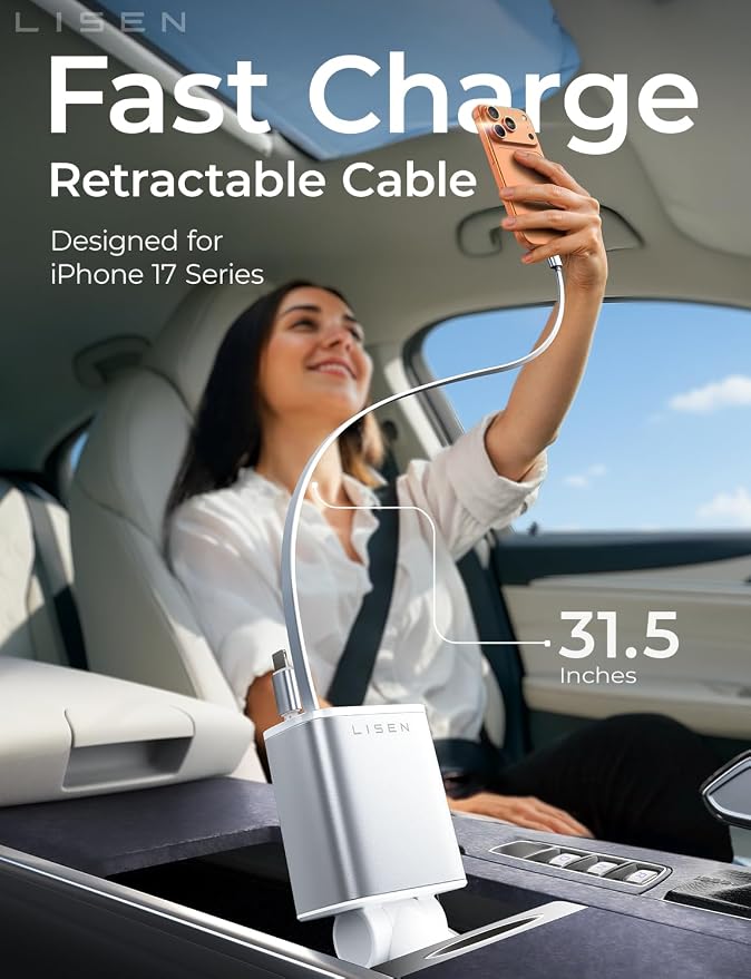 Retractable Car Charger for iPhone, for iPhone 17 Pro Max 16 15 14 13 12 Plus Mini, Cute 4 in 1 Retractable USB C Car Charger Fast Chareg for Women Men, 84W Fast Charging Car Accessorie | Multiple Ports Car Charger, Retractable Car Charger Fast C...
