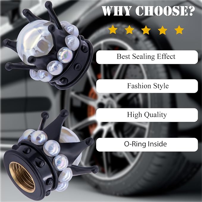 4PCS Crown Bling Tire Stem Valve Caps, Crystal Diamond Tire Air Cap Set Universal Copper Core Stem Covers for Cars, SUV, Trucks, Bikes, Motorcycles, Bicycles (Black & White)