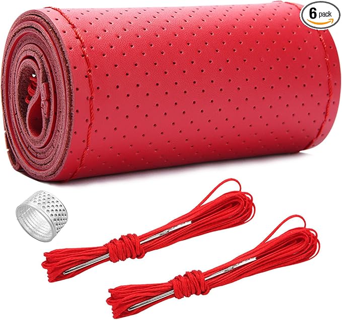 Genuine Leather Steering Wheel Cover, Stitch on Wrap, Breathable Anti-Slip Car Steering Wheel Protector for Max Diameter 15 Inch, DIY Sewing with Needles Thread (Red, Hole)