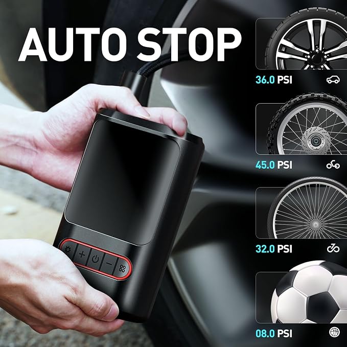 Tire Inflator Portable Air Compressor, 150PSI Cordless Air Pump for Car, Bike, Motorcycle, Ball, Electric Bike Tire Pump with Pressure Gauge, LED Light, Red, TOOLS-00678-RD