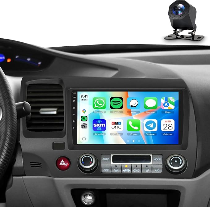 9 Inch Double Din Car Stereo for Honda Civic 2006 2007 2008 2009 2010 2011 | Car radio with Wireless Carplay & Android Auto, Bluetooth,SWC,FM/RDS Radio, EQ, Dual USB, Mirror Link+Backup Camera