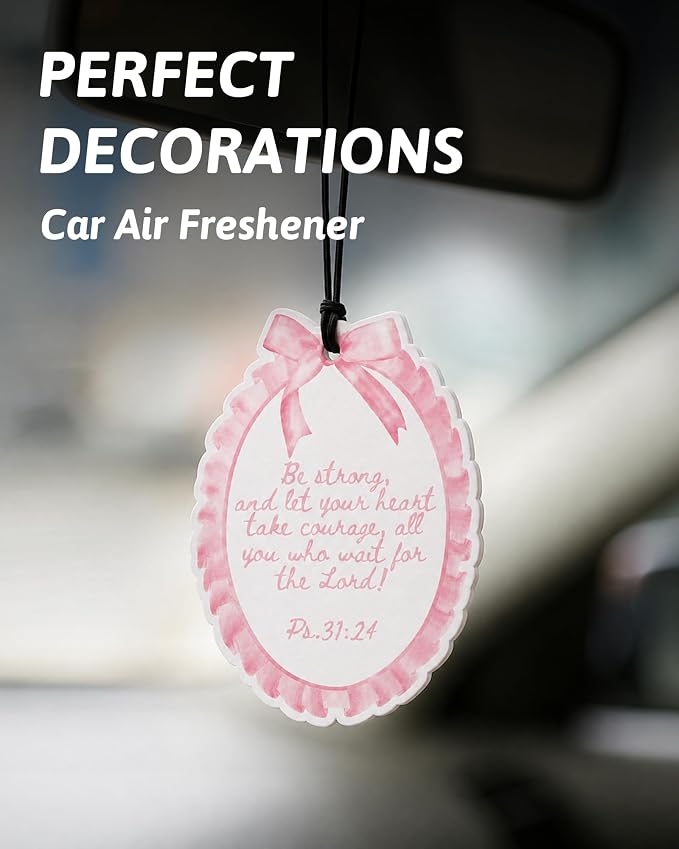Coquette Pink Bow Christian Shaped Car Air Freshener 5 Pcs | Girly Religious Hanging Air Freshener, Preppy Pink Christian Car Accessories Mirror Decor for Women Teen Girls