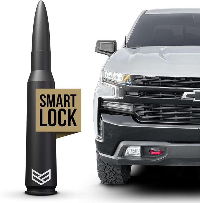 Bullet Antenna Chevy Silverado & GMC Sierra Trucks - 50 Cal Accessories - Anti Theft - Carwash Safe - Short Replacement Antenna for Truck (SmartLock)